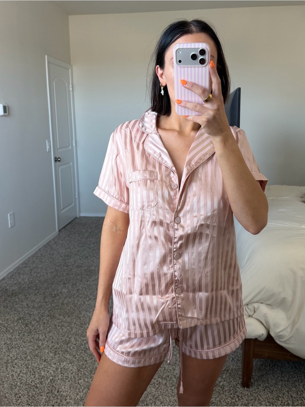 Pink striped pajama short set